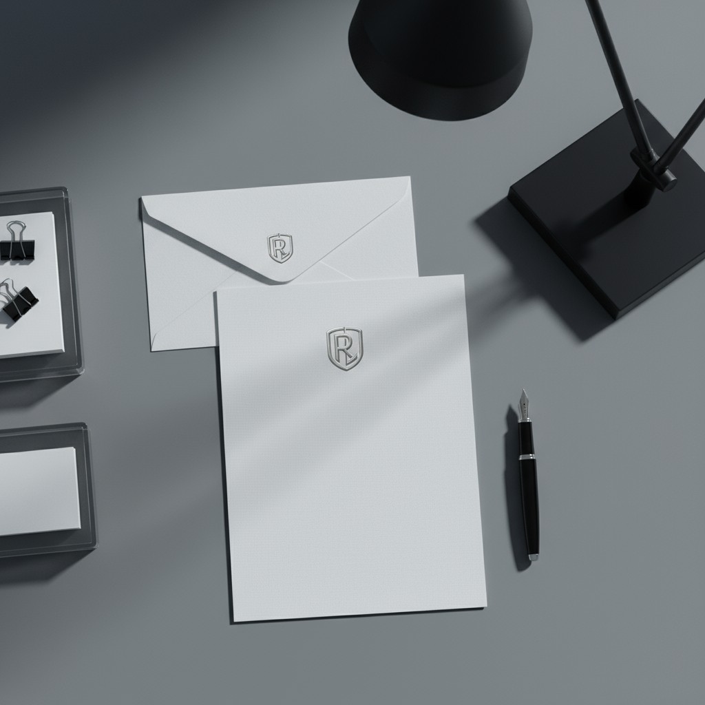 A desk with a lamp, papers, a pen, and stationary items, showcasing a modern and minimalist workspace.